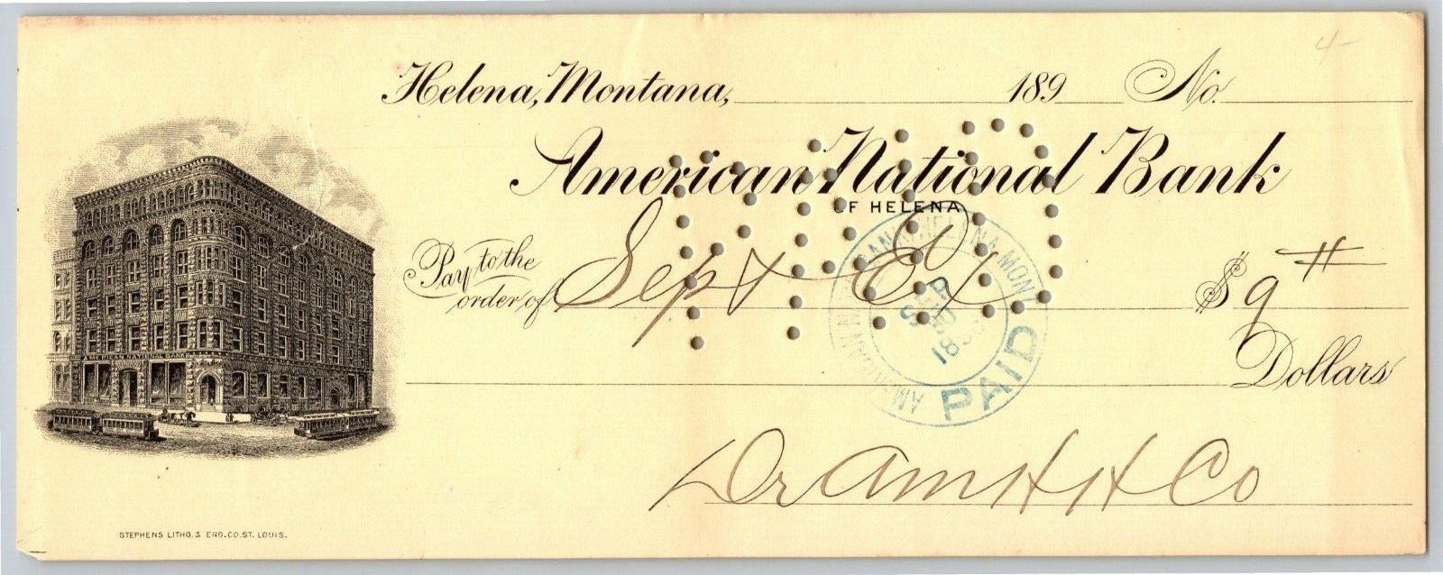 Helena Montana American National Bank Check 1896 w/ Building Vignette