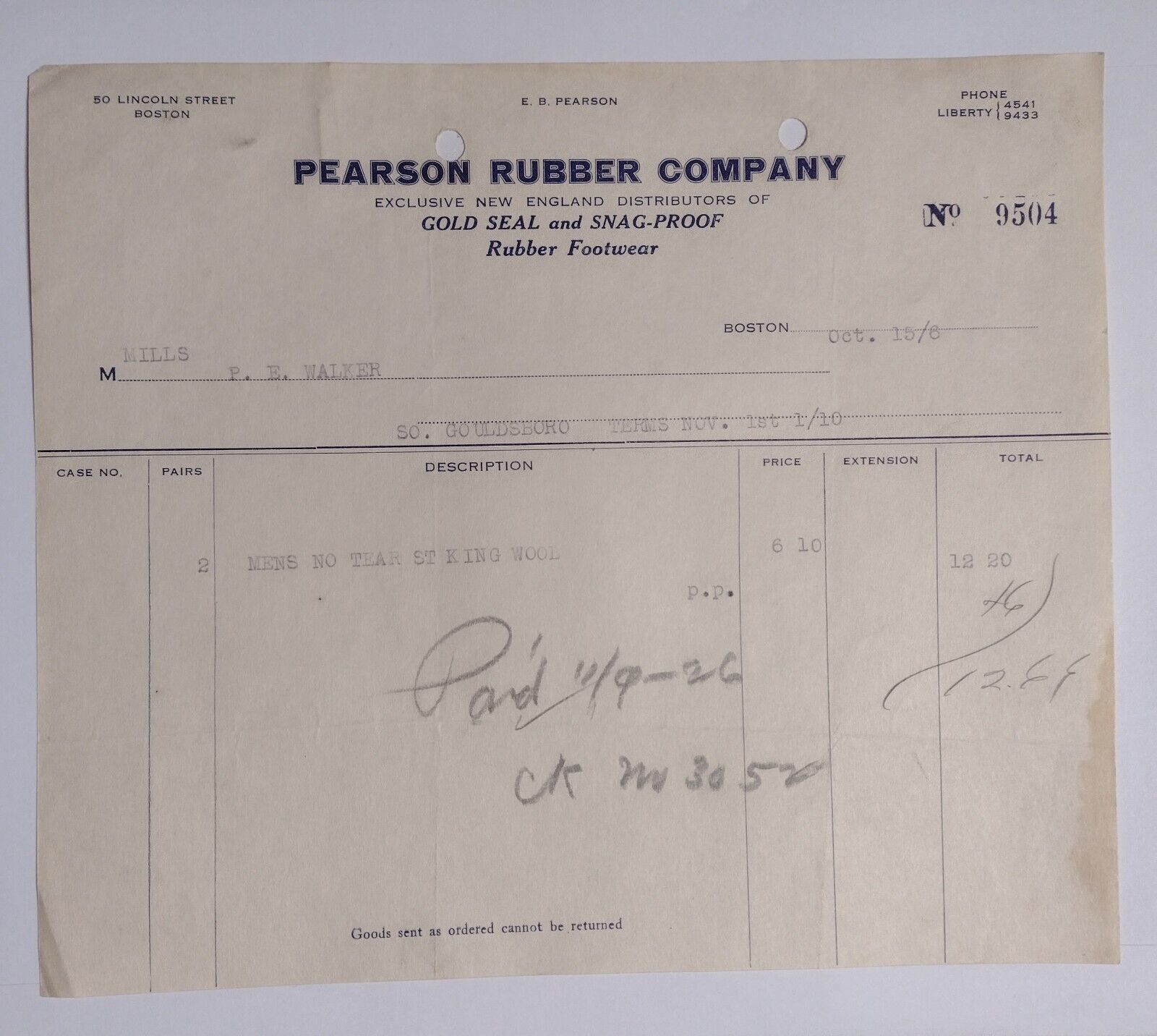 1900\'s Pearson Rubber Company Invoice Letterhead Boston, Massachusetts