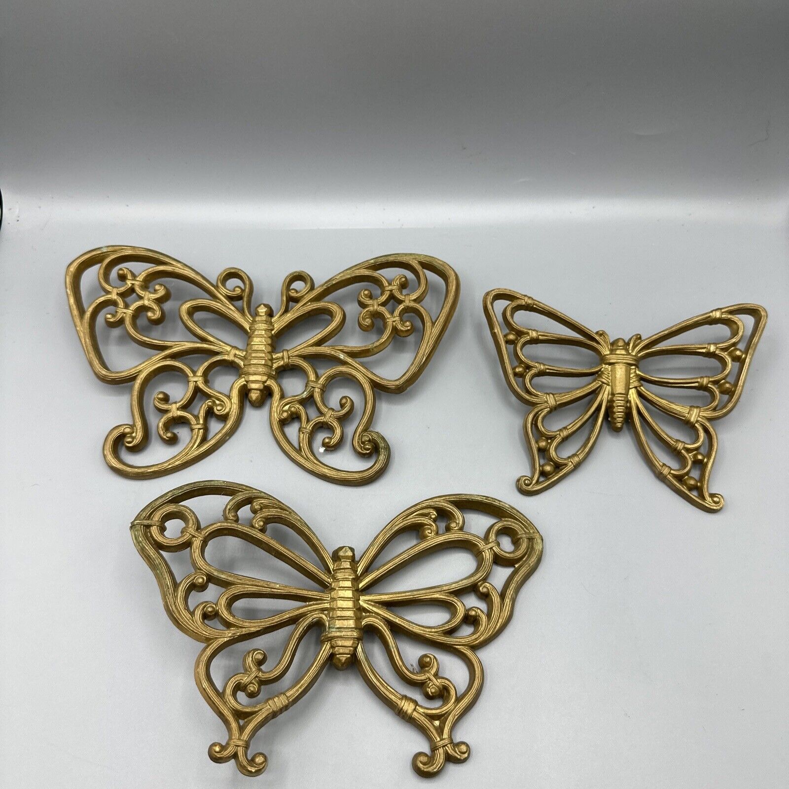 Vintage Homco Butterfly Faux Wood Wicker Wall Decor Gold 7537 Set/3 1978