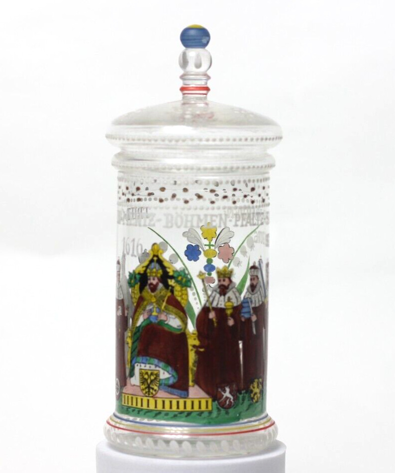 Antique German Rothenburg Enameled Covered Master Glass Beaker Tankard, 1916