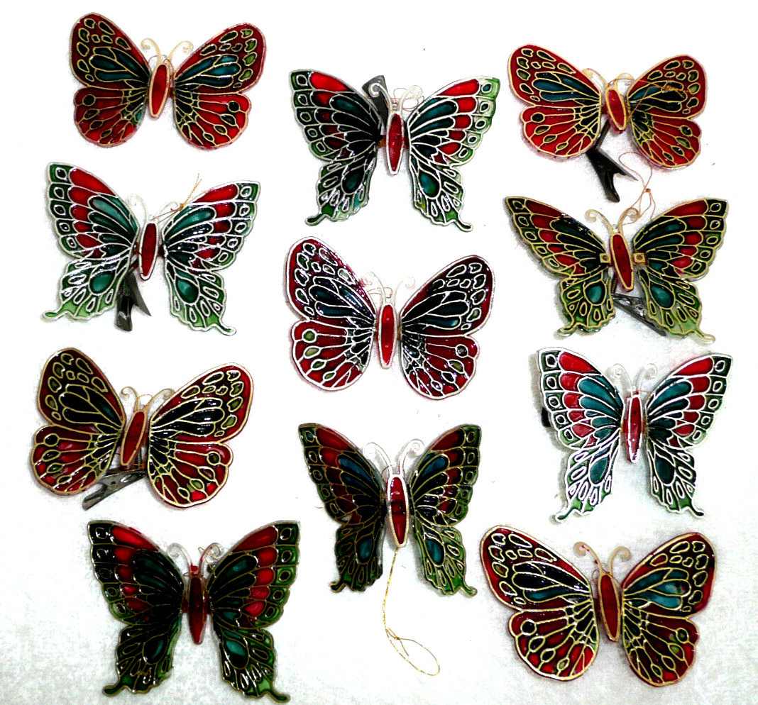 11 VINTAGE RARE PLASTIC SUNCATCHER CLIP ON BUTTERFLY ORNAMENTS RED GREEN