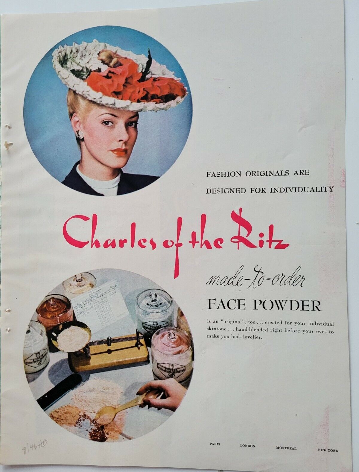 1946  Charles of the Ritz made to order face powder vintage womens hat  ad