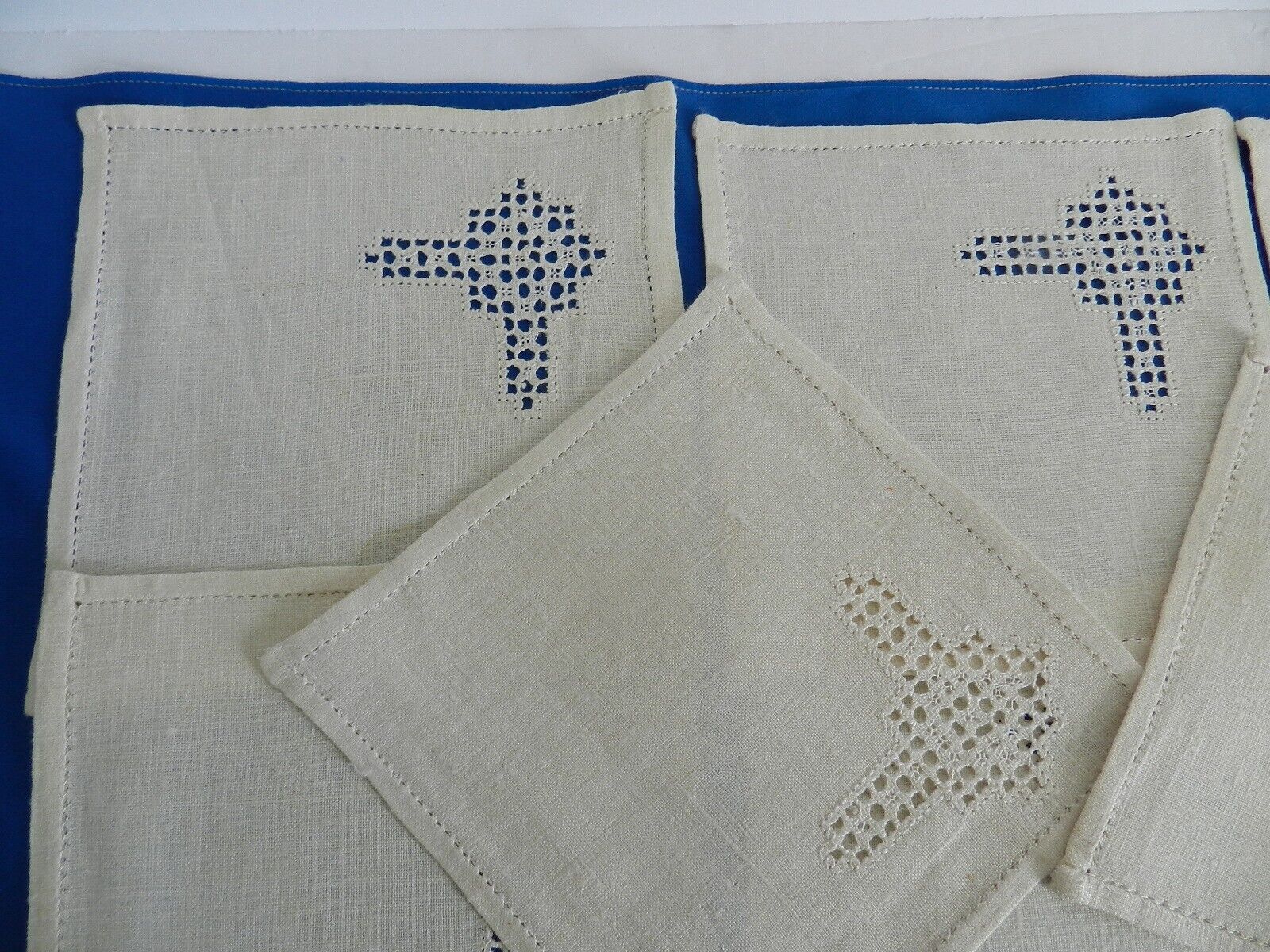 8 Hand-Embroidered Linen Cocktail Napkins-Beautiful-Near Mint- Hardanger-Style