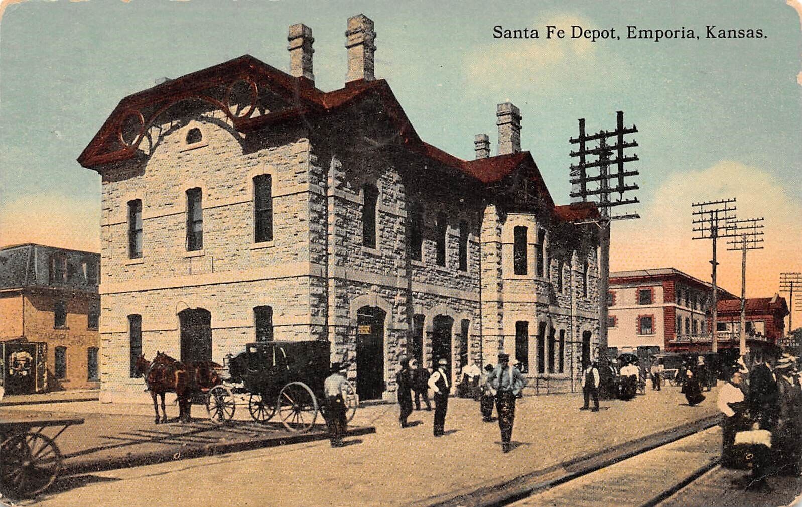 Santa Fe Depot Train Station Horse Carriage Emporia Kansas Postcard