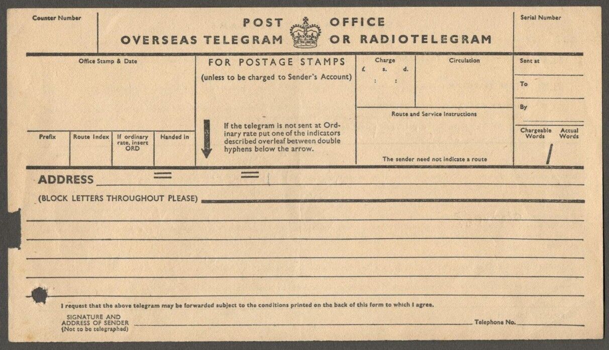 (AOP) GB Post Office Overseas Telegram or Radio Telegram unused 1934