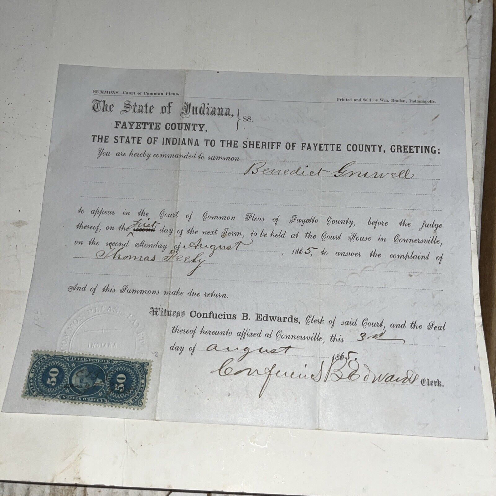 Antique 1865 Legal Summons Order to Sheriff from Fayette County Indiana Court