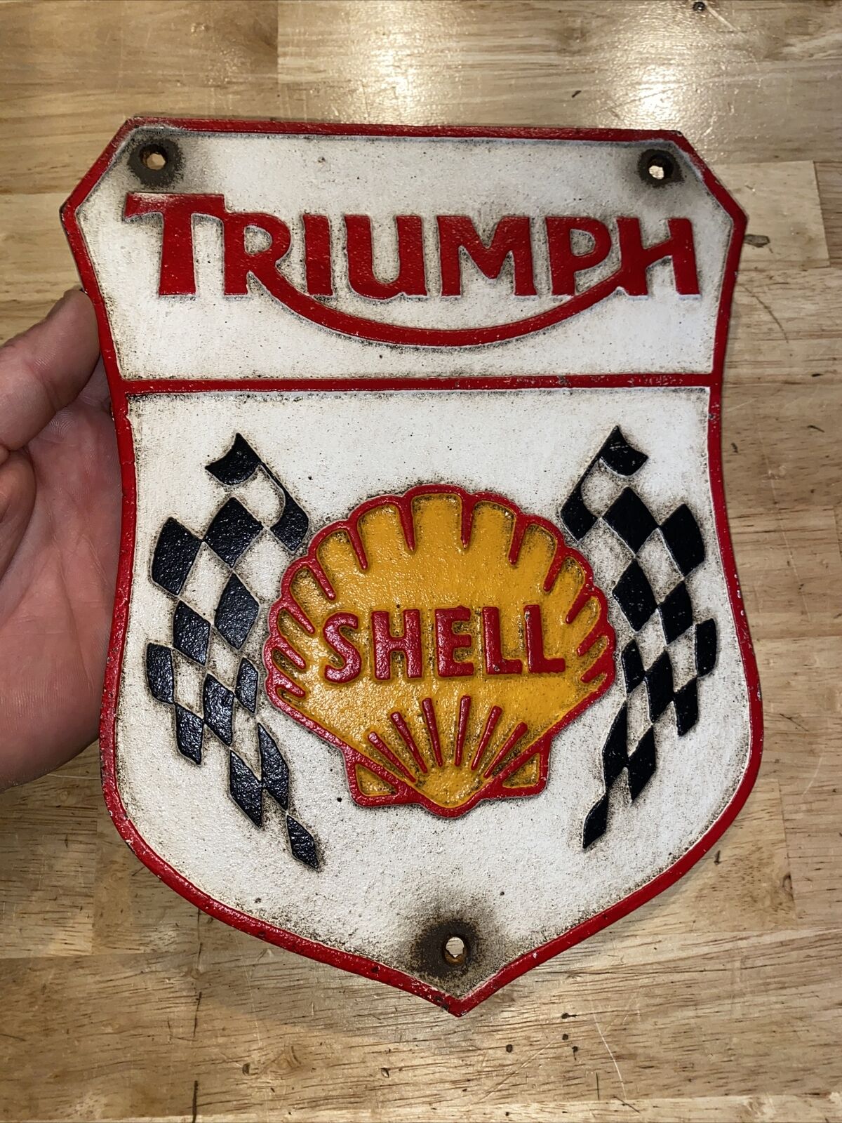 Shell Garage Sign Triumph Plaque Oil Coal Gas Cast Iron Patina Collector METAL