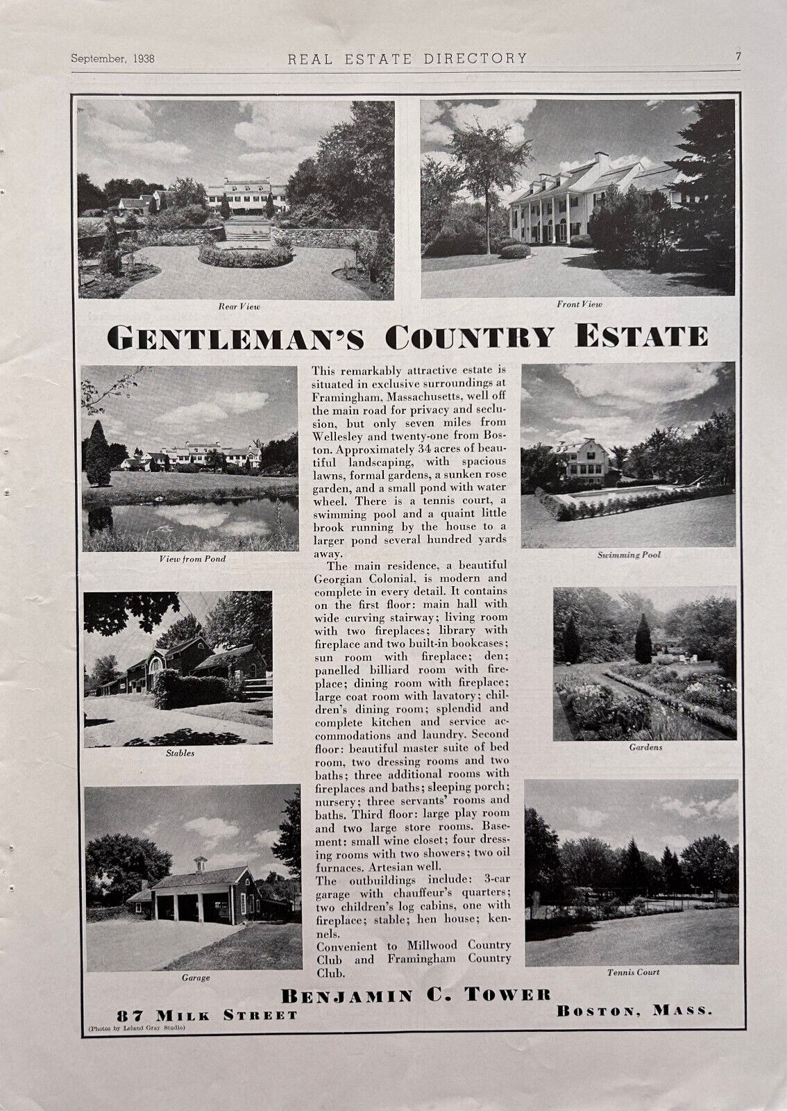 1938 Real Estate Ad Country Estate Framingham MA Full Page With Pics