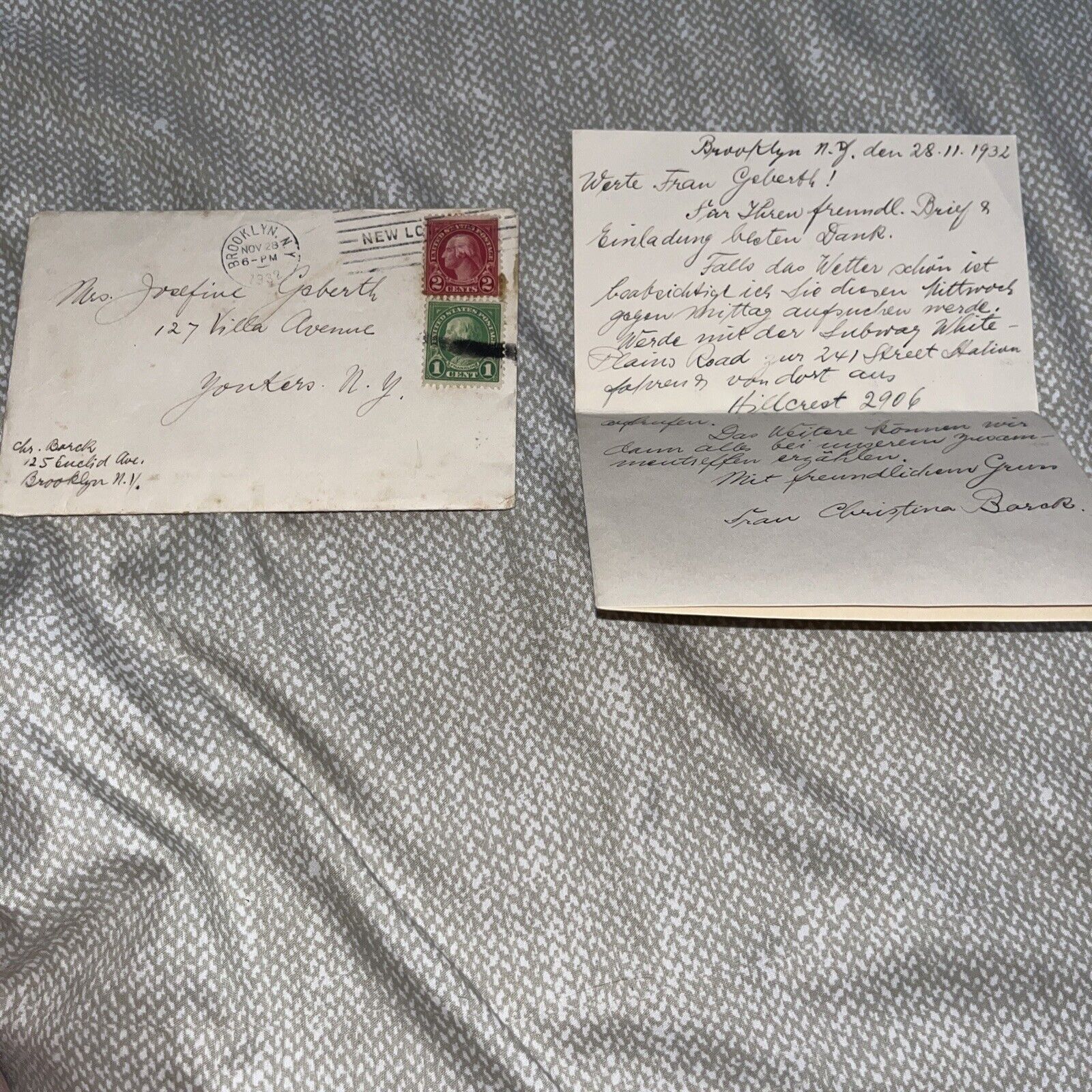 Antique 1932 Letter from Brooklyn NY to Yonkers New York in German