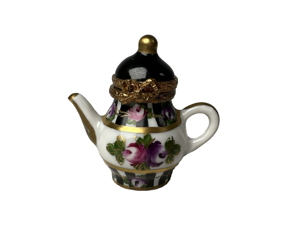 Vintage Peint Main Limoges France Floral Patten Tea Pot Trinket Box Hand Painted