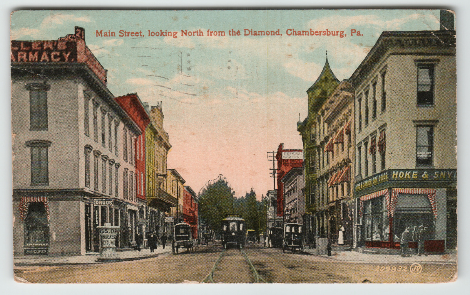 Postcard Main Street Looking North From Diamond in Chambersburg, PA Drug Store