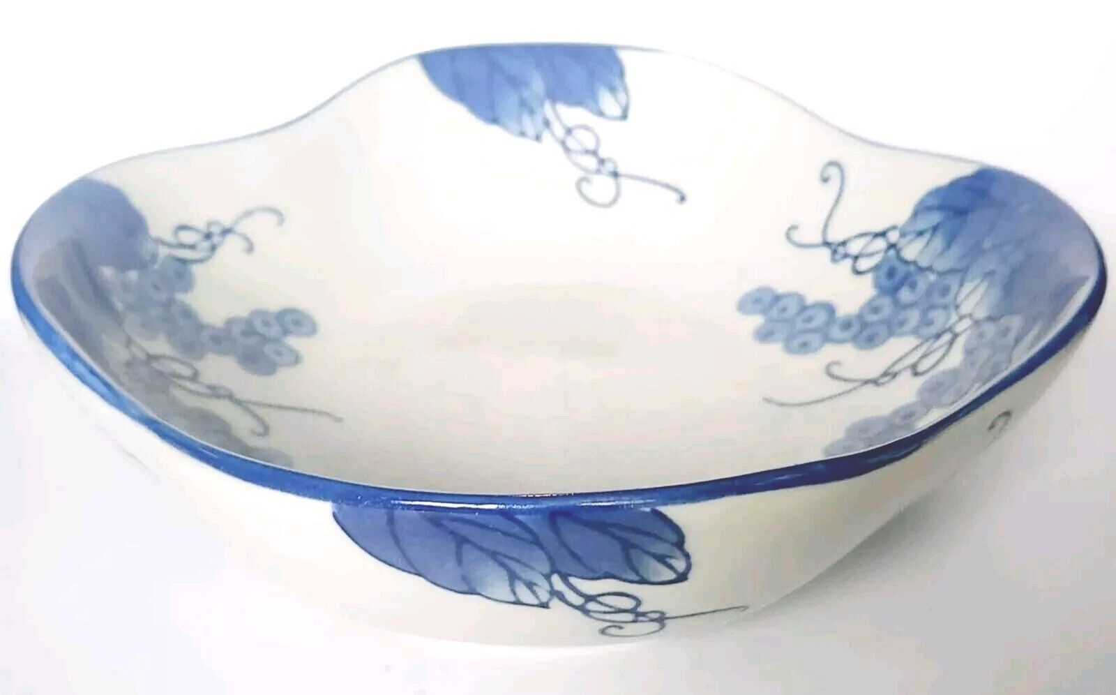 Vintage Asain Hand Painted Blue And White Ceramic Serving Bowl/ Grape Design