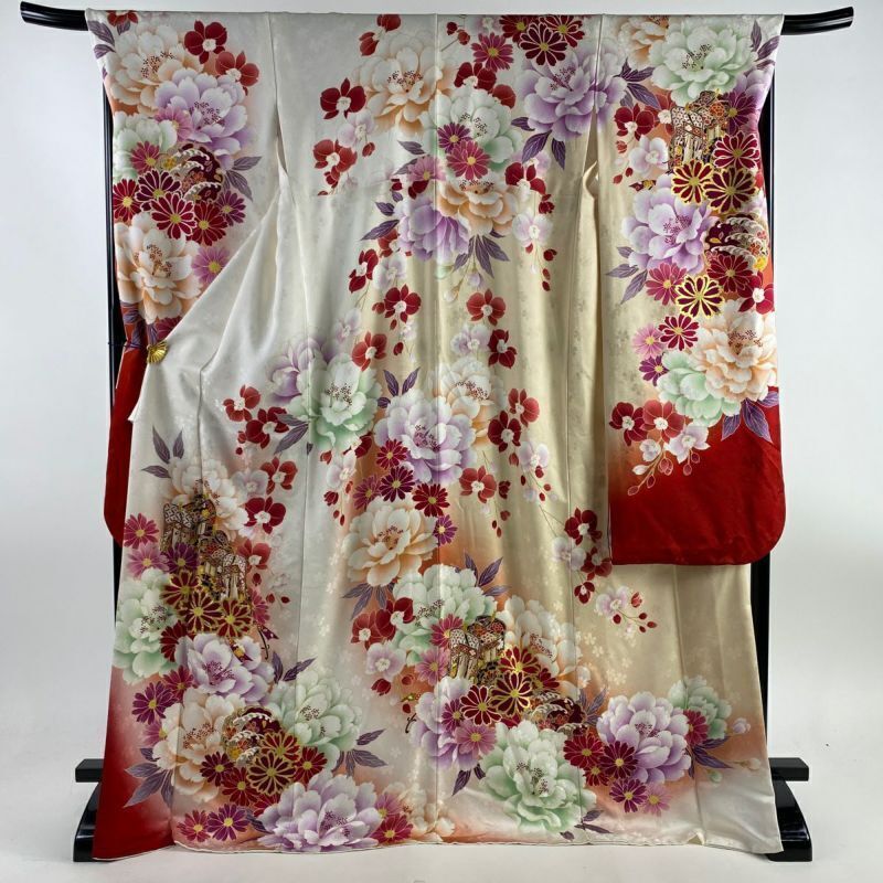68.1inc Japanese Kimono SILK FURISODE Imperial car Flower White
