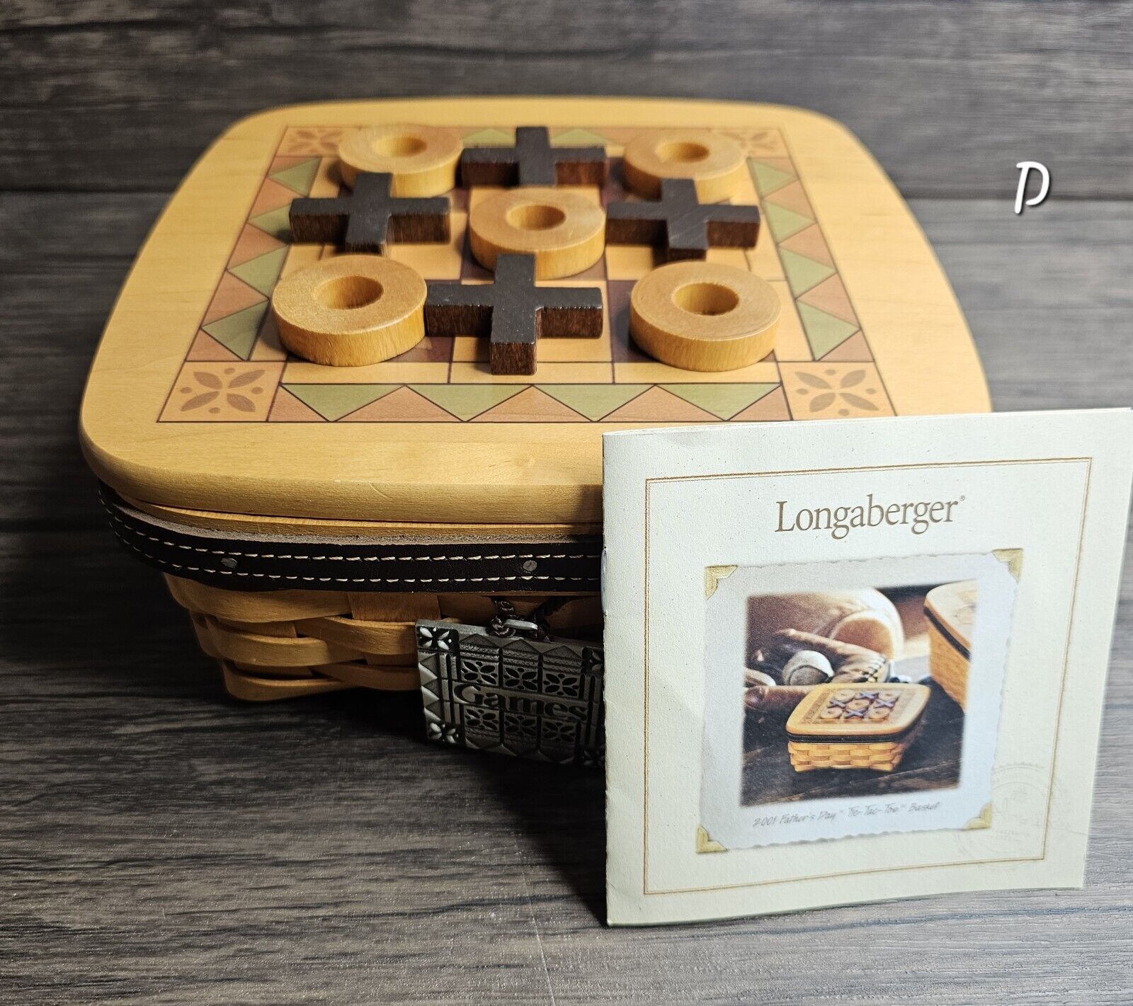 Longaberger 2001 Father\'s Day Tic Tac Toe Basket With Lid Protector Pieces Liner