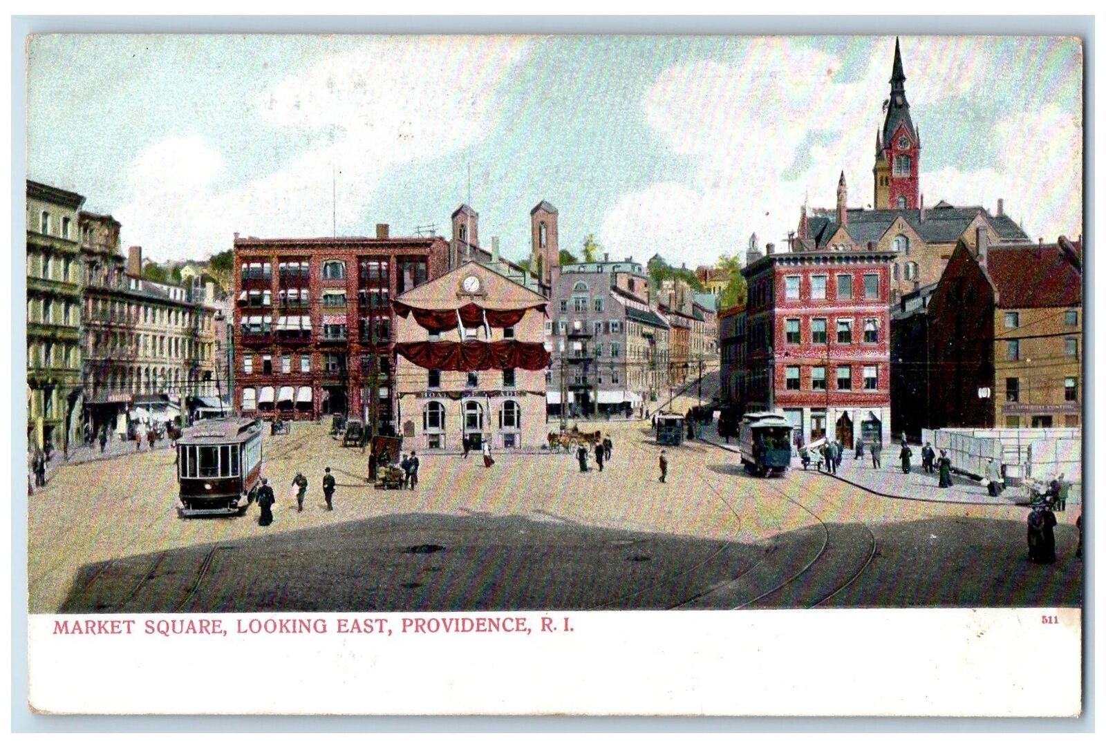 c1905 Market Square Looking East Railway Trolley Carriage Providence RI Postcard