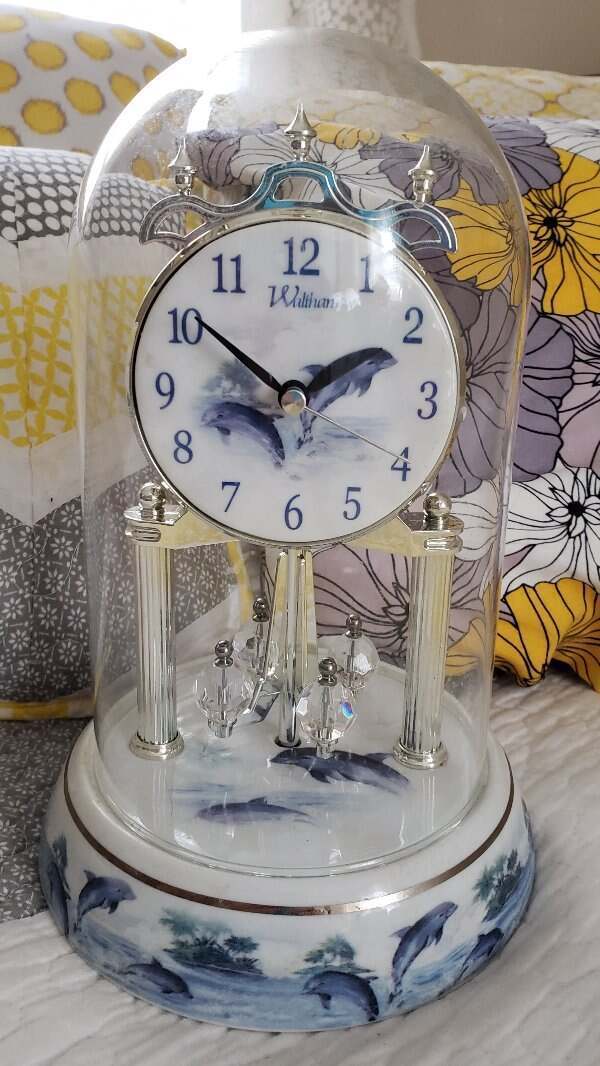 Waltham Glass Dome Dolphin Mantel Clock Turning Pendulum Anniversary W/ Chimes