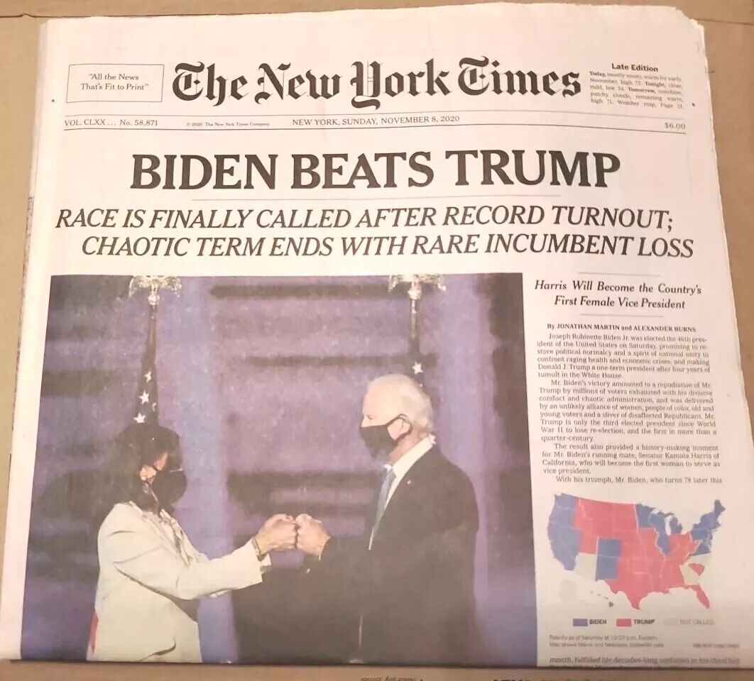 The New York Times Newspaper November 8, 2020 BIDEN BEATS TRUMP | Biden Wins