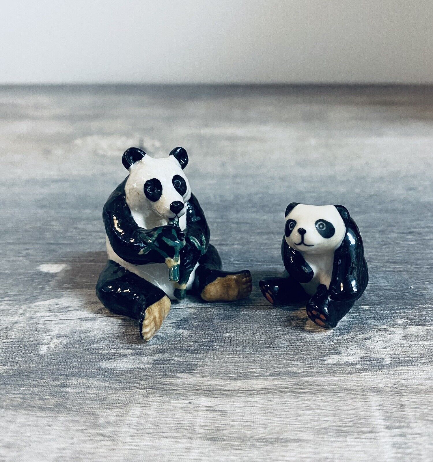 Set Of 2 Vintage Mid Century Miniature Ceramic Panda Bear Figure Figurines 