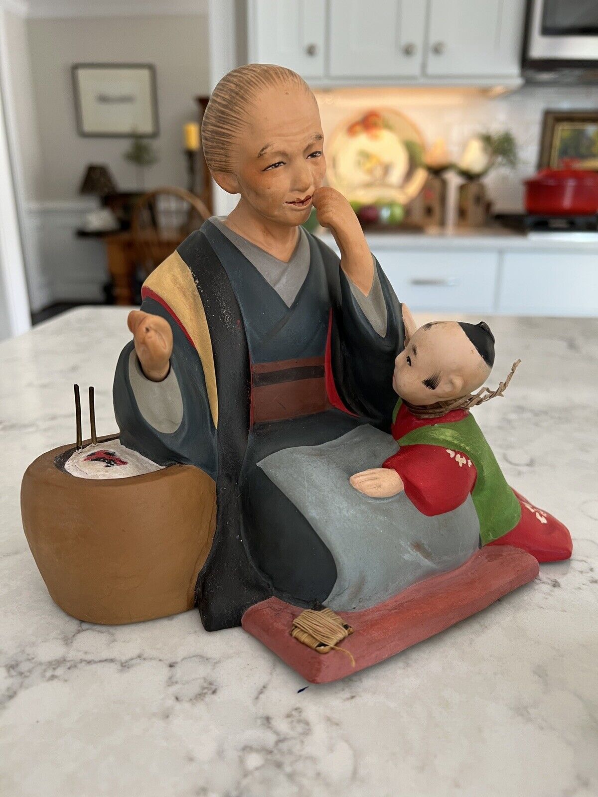 Vintage Japanese Hakata Mimasu Doll, Grandmother Teaching Child Bisque Clay 7.5\