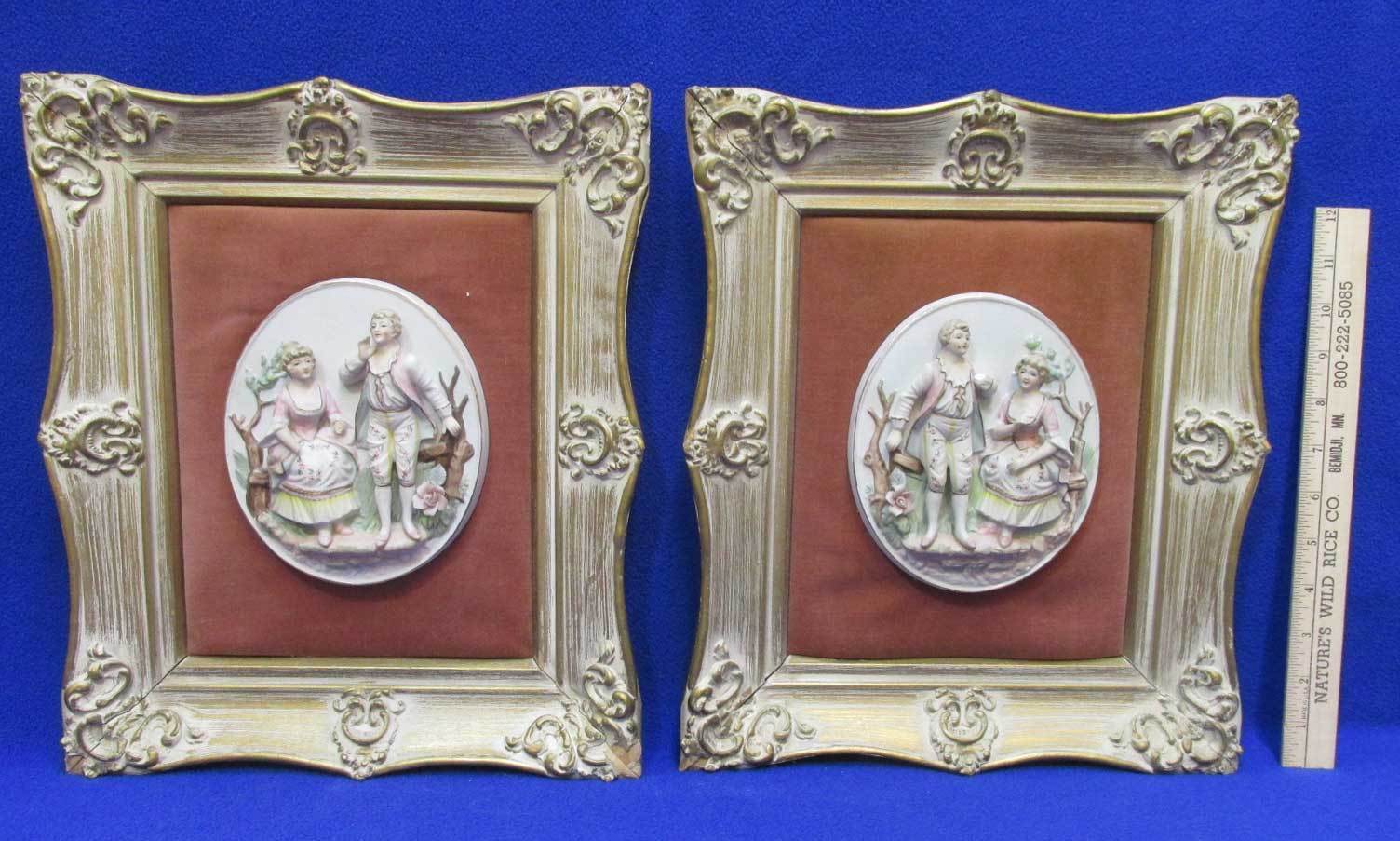 Pair White Wash Framed Pictures Porcelain Cameos Velvet Gold Gilt Style Ornate 