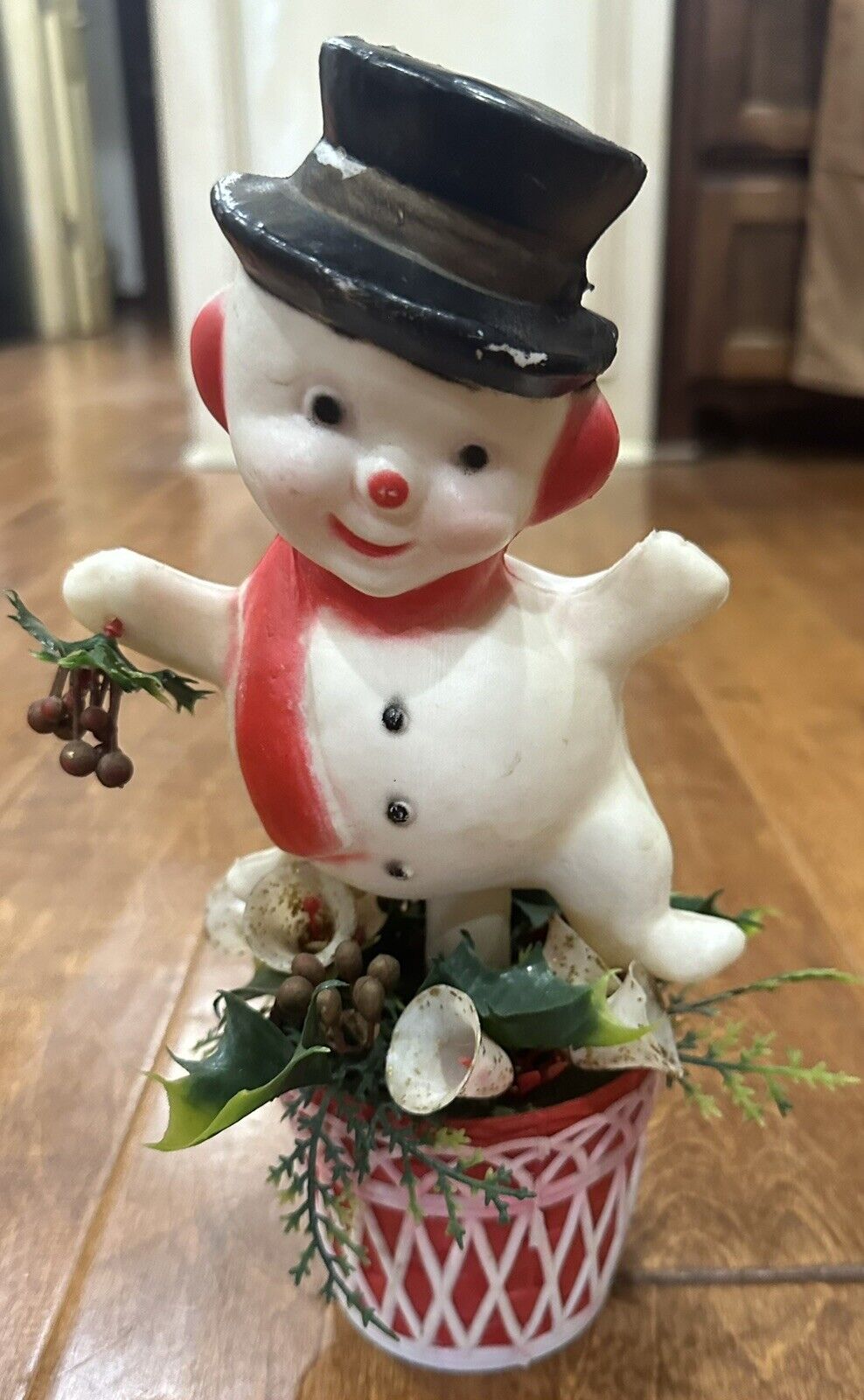 Vintage Table Top Blow Mold Snowman On Basket W/Bells & Holly