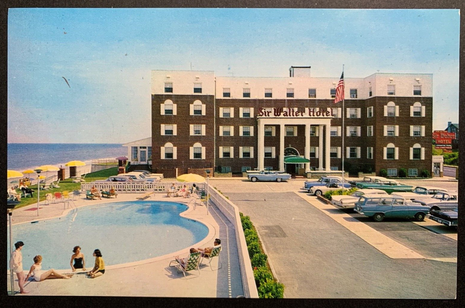 Postcard Virginia Beach VA - c1960s Sir Walter Hotel By The Sea Swimming Pool