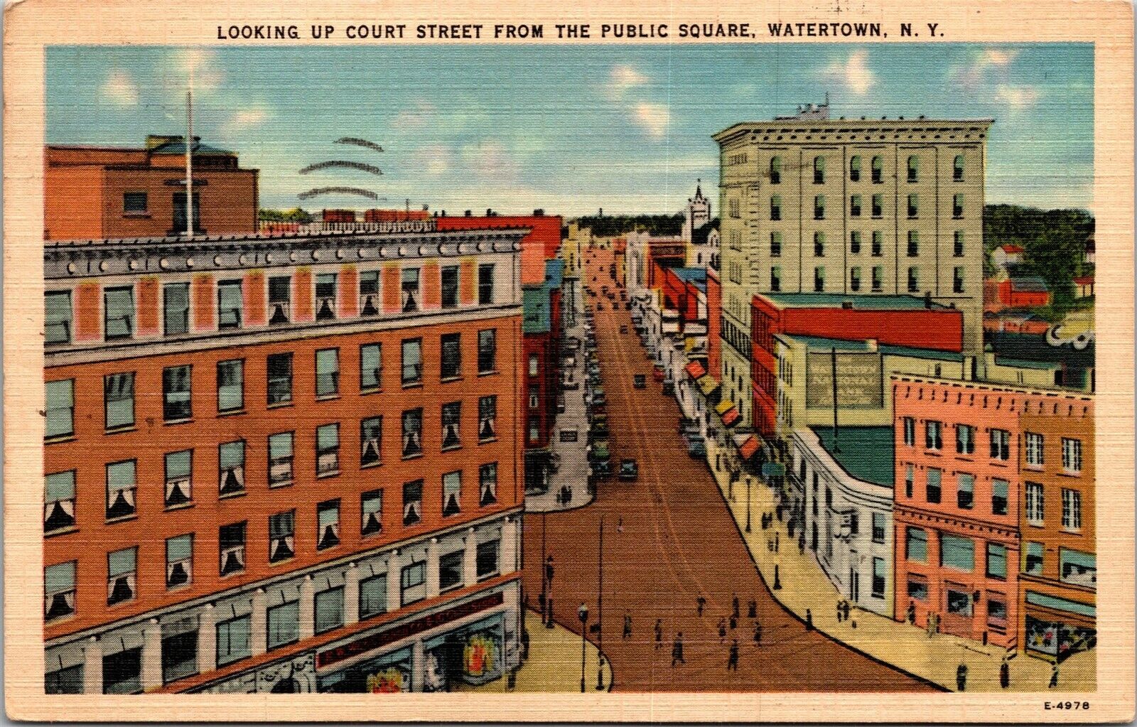 Vtg Watertown NY Looking Up Court Street from Public Square 1940s Postcard