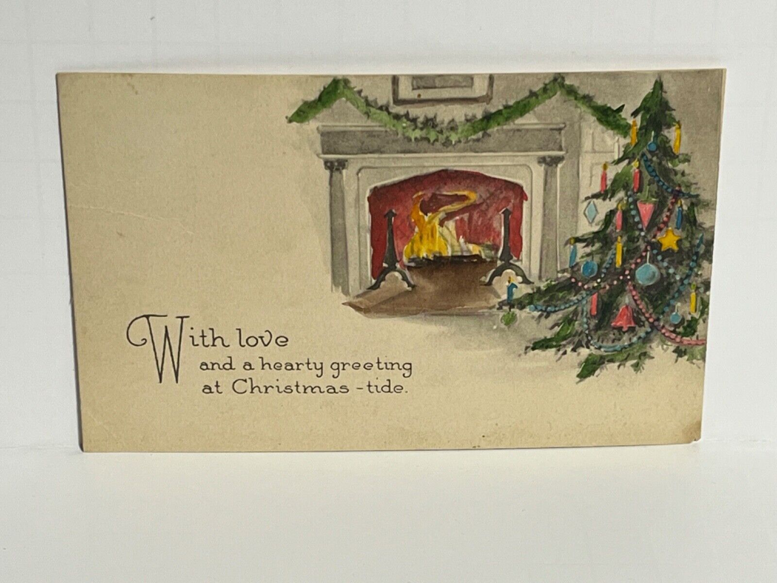 Postcard Christmas Greetings Tree Fireplace c1926 A21