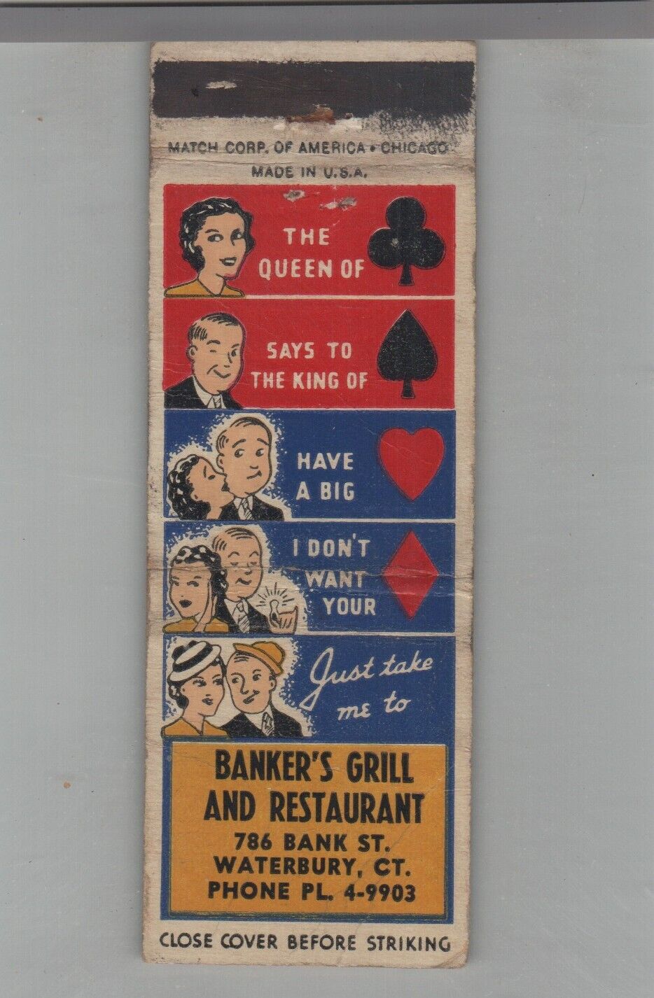 Matchbook Cover Banker\'s Grill & Restaurant Waterbury, CT