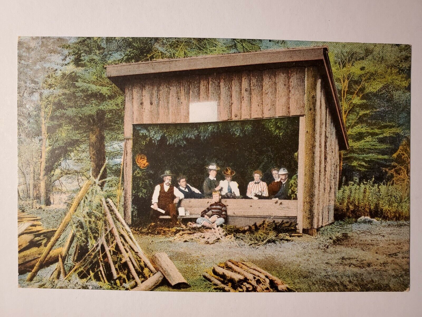 An Open Camp In The Wilderness Family Portrait In Lean-to Vintage Postcard 1908