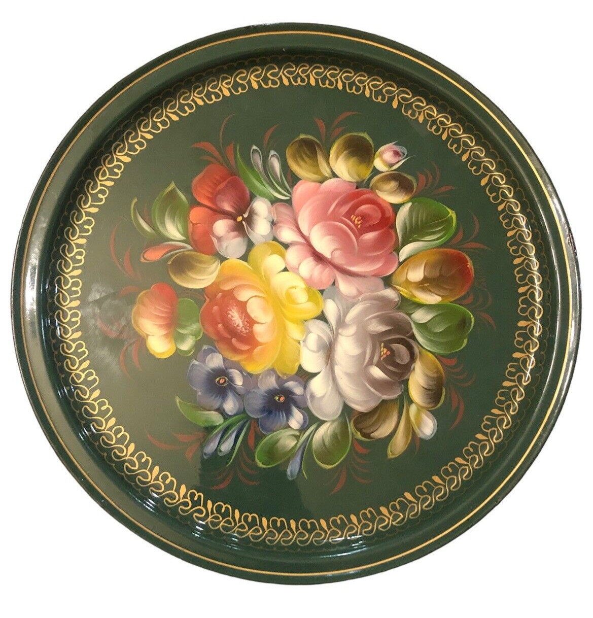 VTG ZHOSTOVO Hand-Painted Metal Round Tray Russian~Signed~Green w/Flower Roses