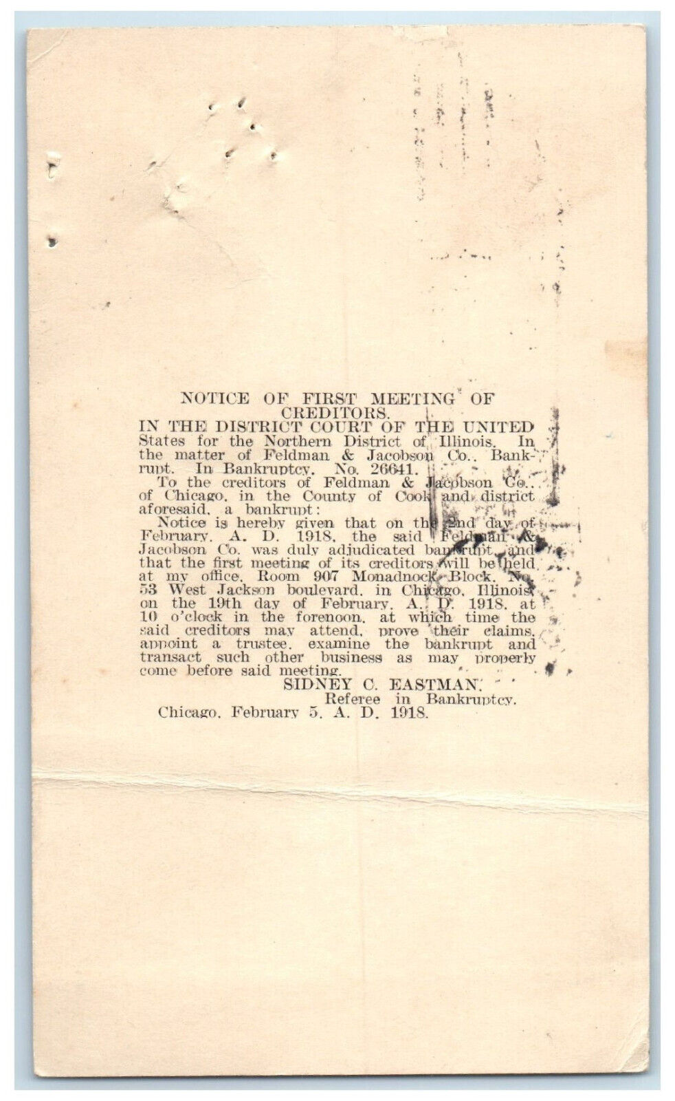 1918 Notice of First Meeting of Creditors Sidney Eastman Chicago IL Postal Card