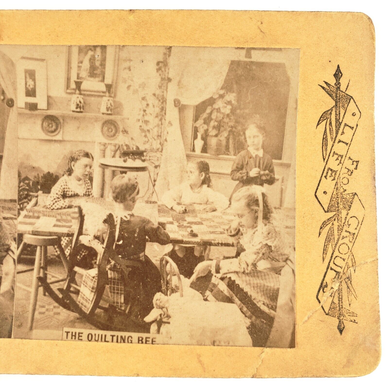Quilting Bee Girls Sewing Stereoview c1890 Children At Play Party Photo A1943