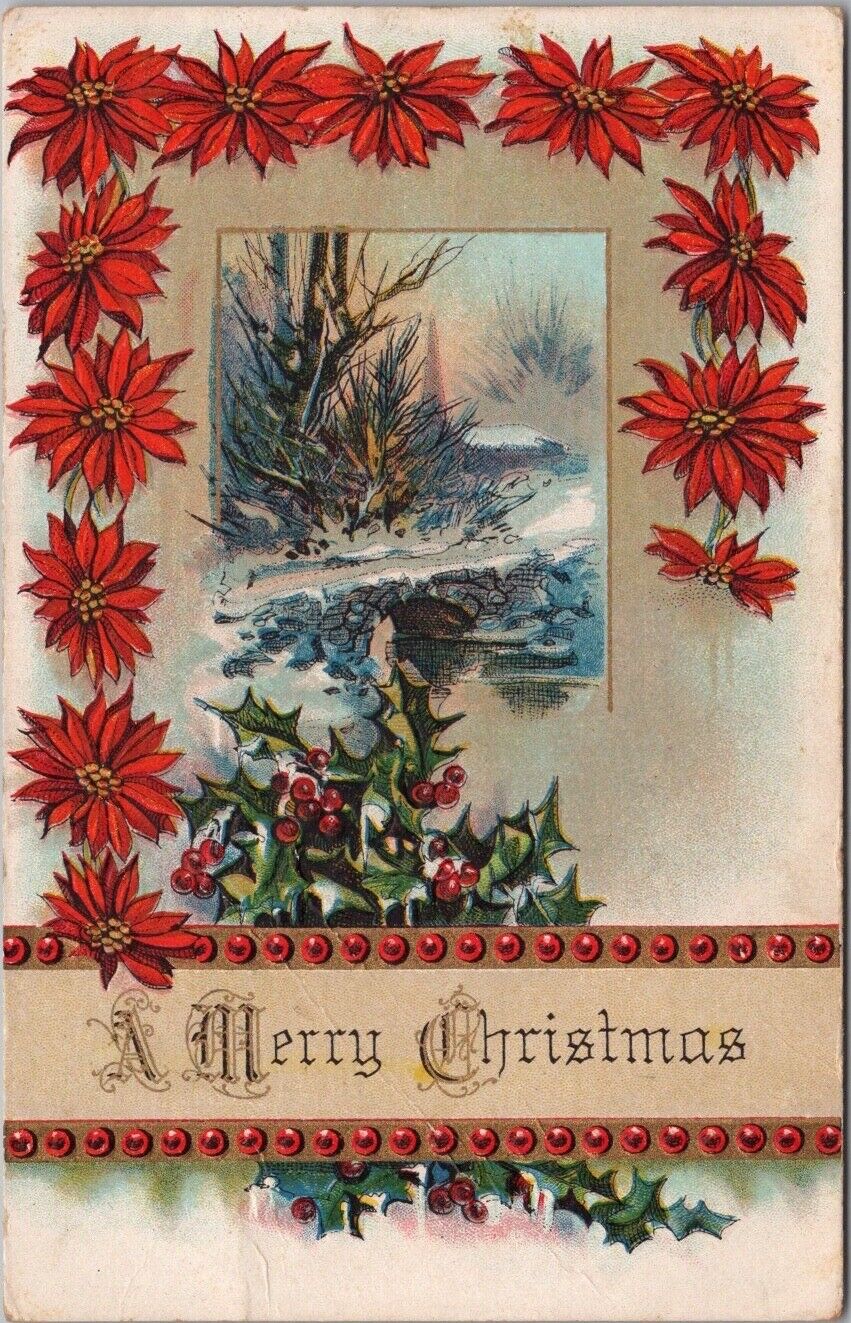 1910s MERRY CHRISTMAS Embossed Postcard Church Scene / Poinsettia Border / B&S
