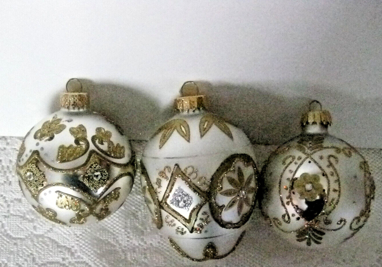 Lot 3 Vintage UT Unique Treasures Silver Gold  Glass Balls & Egg  Xmas Ornaments