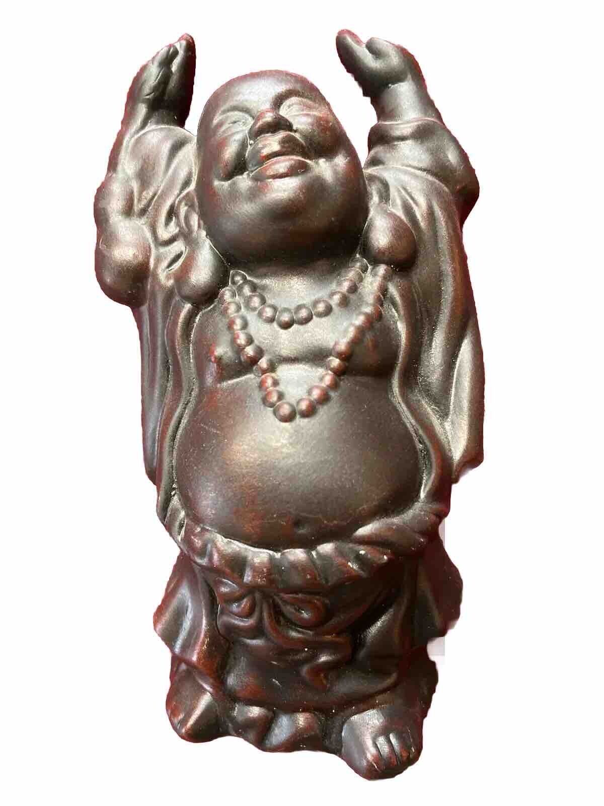 Vtg 8” Buddha Statue BROWN Red CERAMIC Laughing Prosperity arms Raised Up Happy