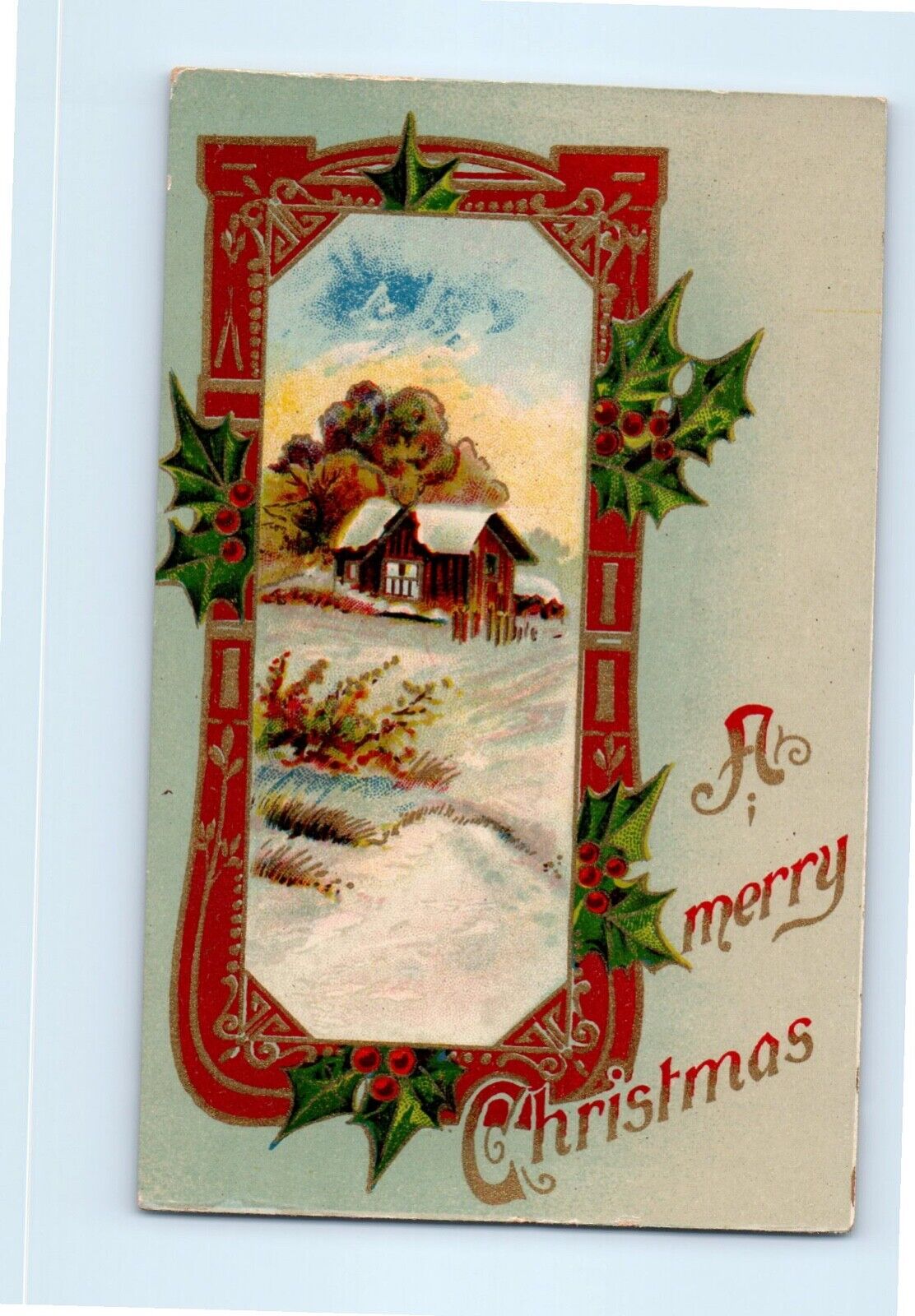 Vintage 1912 Glossy Merry Christmas Postcard Winter Scene