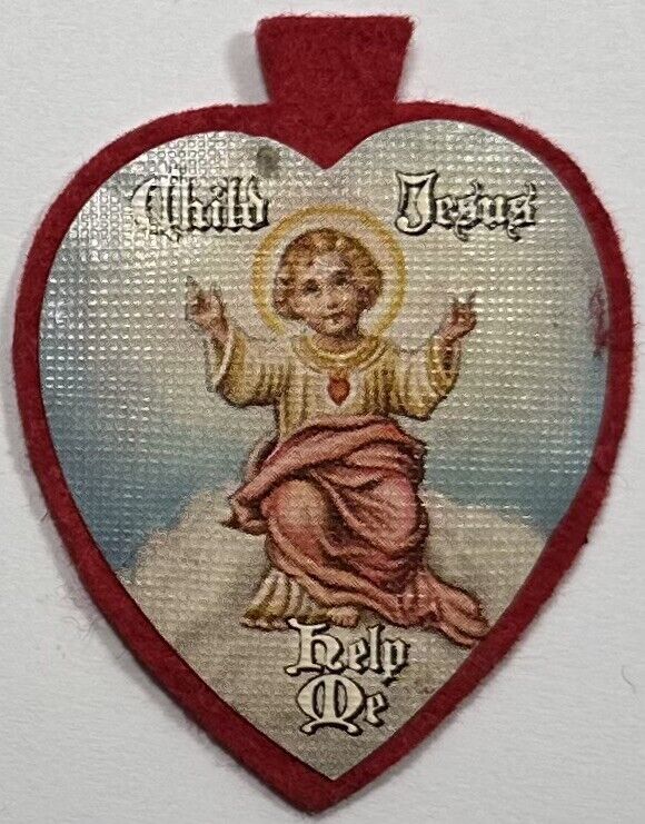 Child Jesus Help Me, Vintage Holy Devotional Heart Shaped Badge.