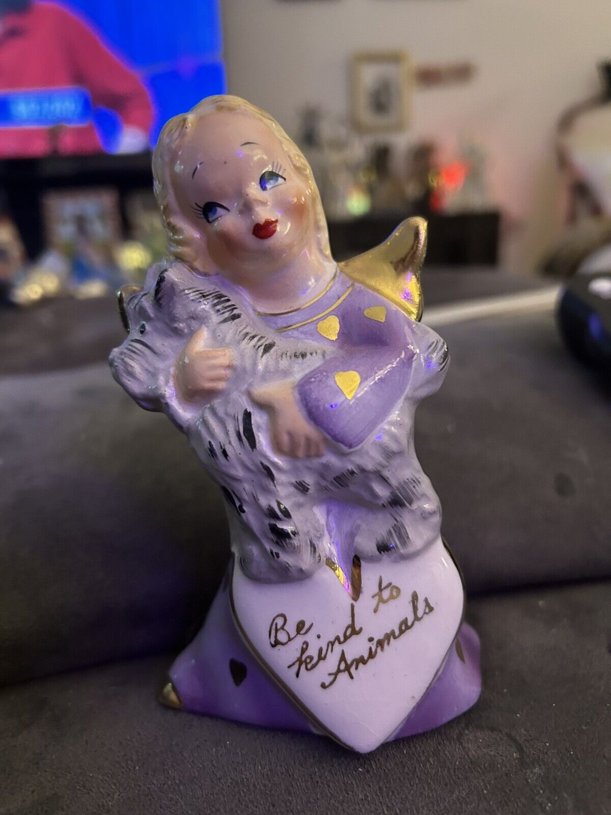 Vintage Yona Shafford Angel Holding A Dog 🐶 It Reads “BE KIND TO ANIMALS”
