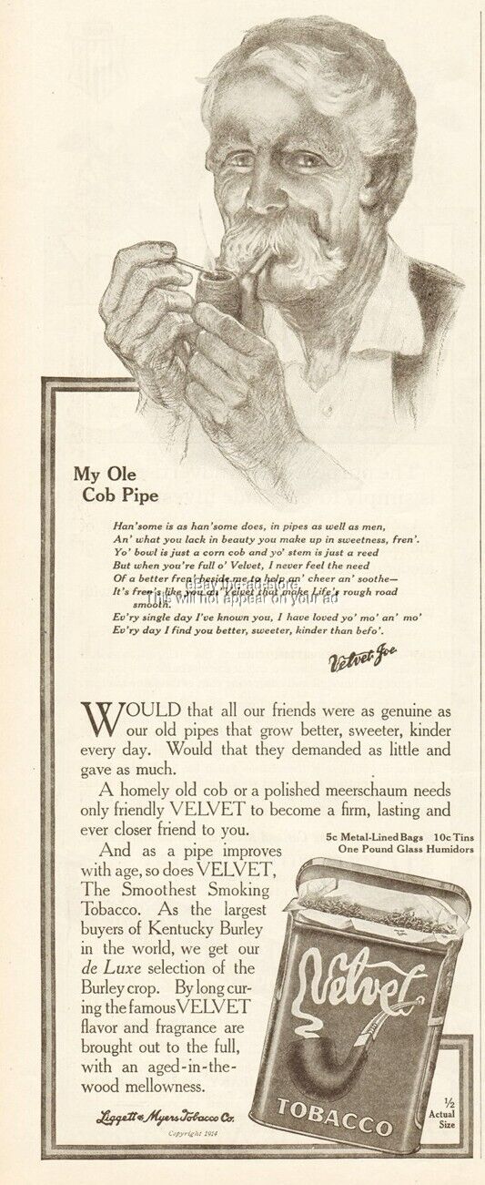 1914 Velvet Joe Pipe Tobacco Liggett & Myers My Ole Cob Pipe Poem Vintage Ad