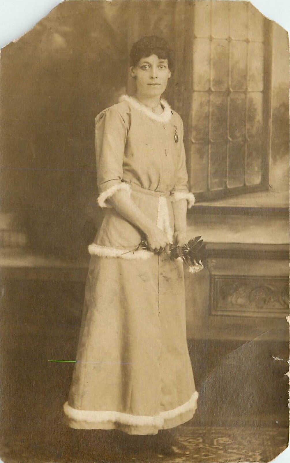 B&W Portrait Woman with Flower Fuzzy Trimmed Dress by Window RPPC Postcard