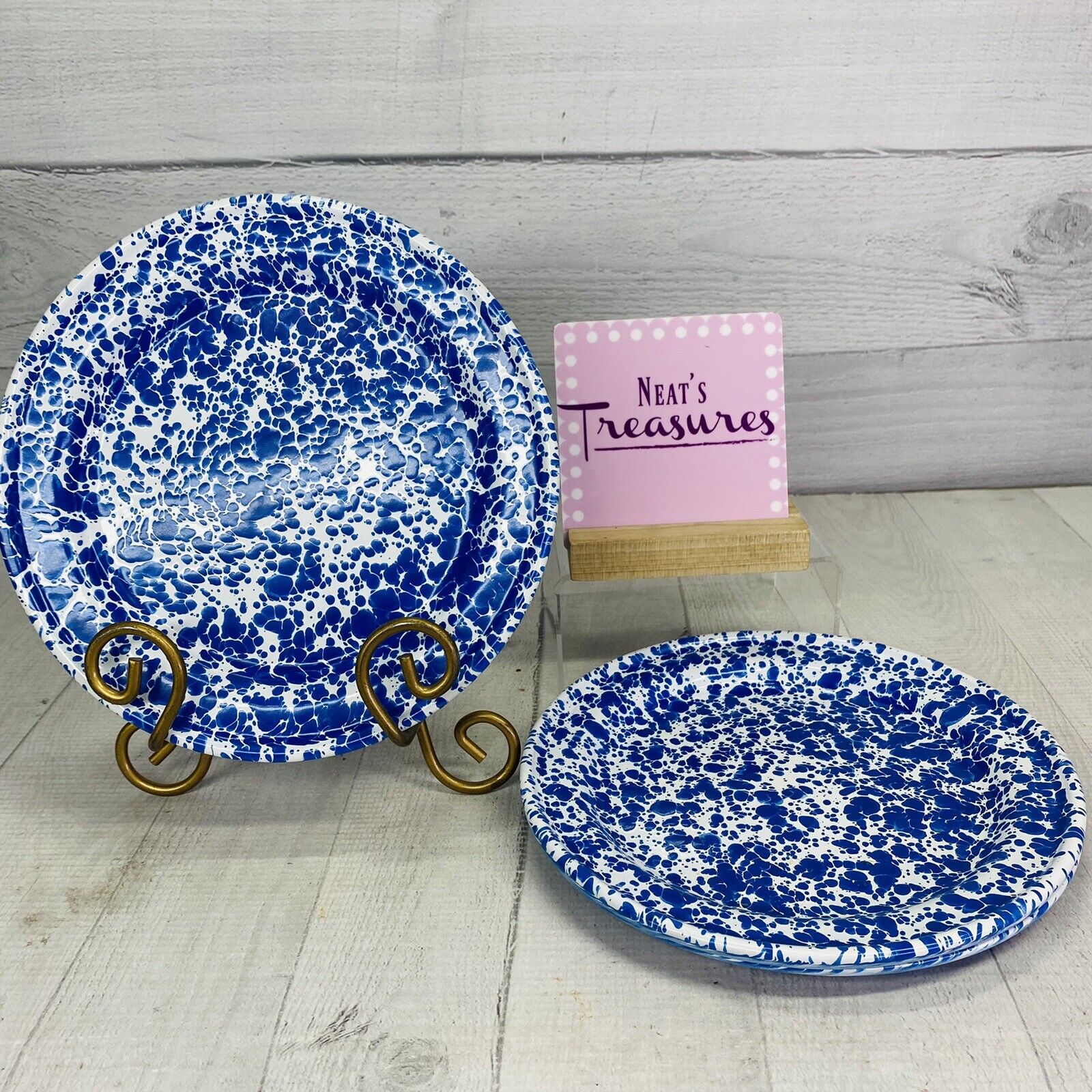 Crow Canyon BLUE WHITE MARBLE  SPLATTER Speckled Enamelware Snack Plates Set 4