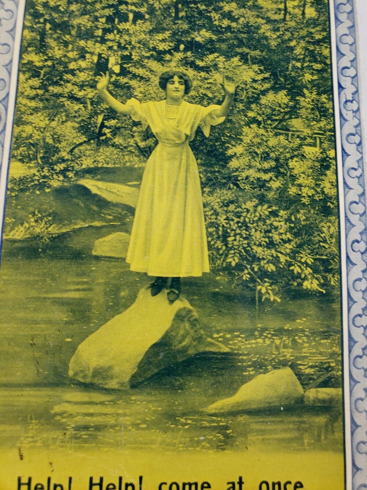 C 1912 Help Come at Once Victorian Woman Stranded on Rock in River Postcard