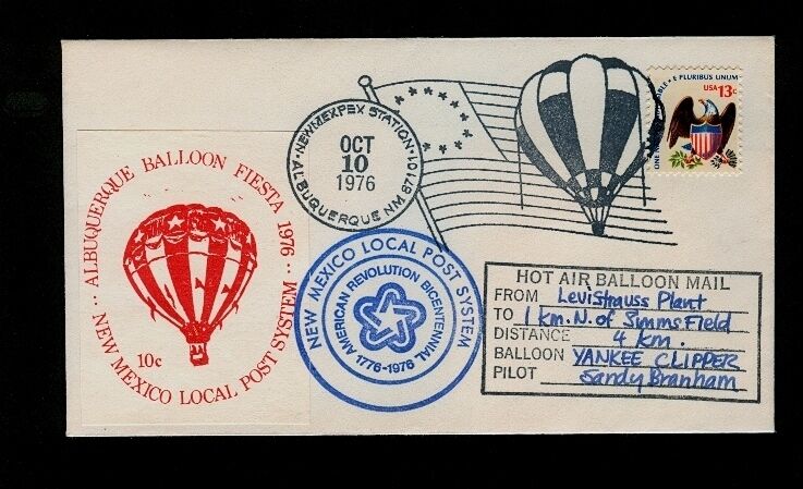 Oct 9 1976 Albuquerque NM Balloon Mail w/RED 10cent label CARRIED & SIGNED.