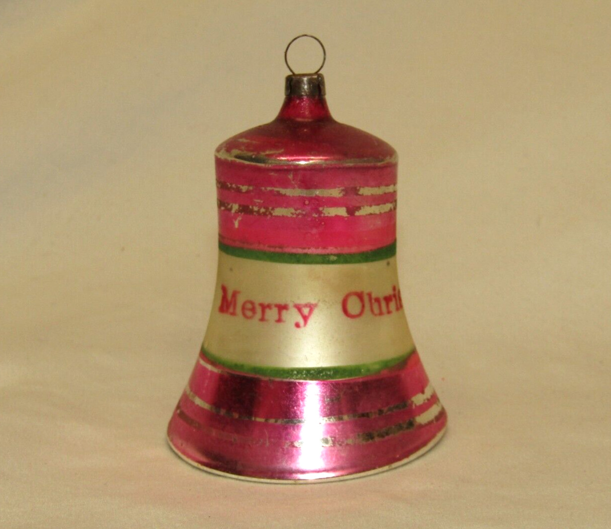 German Antique Pink Glass Merry Christmas Bell Christmas Ornament Vintage 1930's