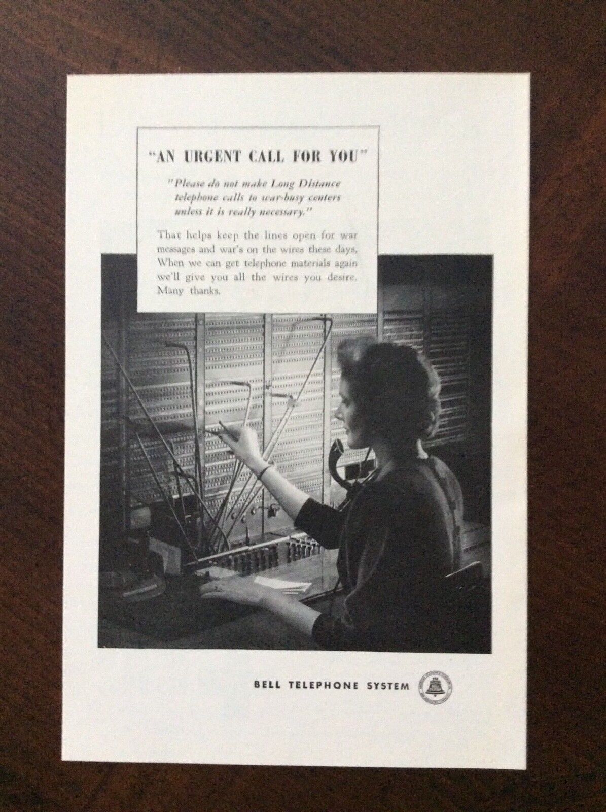 1943 vintage original ad Bell Telephone System “An Urgent Call For You”