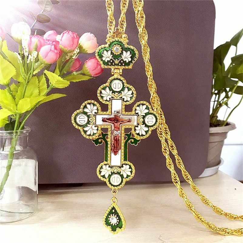 Christian Cross Necklace Green Enamel Flower Catholic Orthodox Pectoral Crucifix