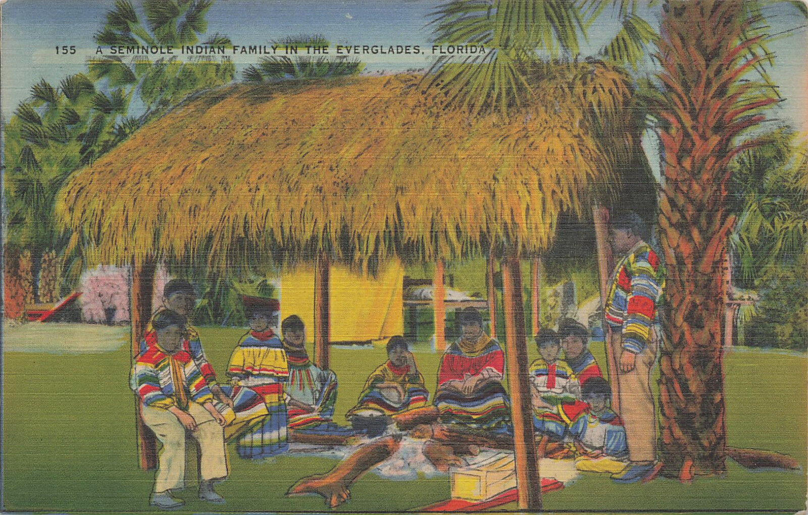 SEMINOLE INDIAN FAMILY IN EVERGLADES POSTCARD MIAMI FL FLORIDA 1940s
