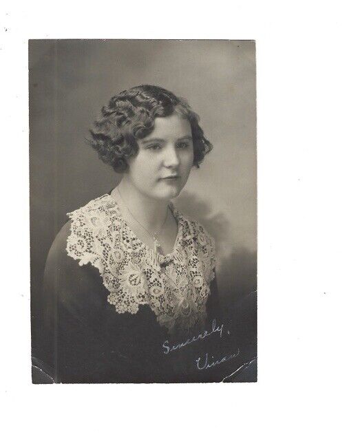c1930 Beautiful Woman Lace Top Necklace Wavy Hair IDENTIFIED Photo Snapshot