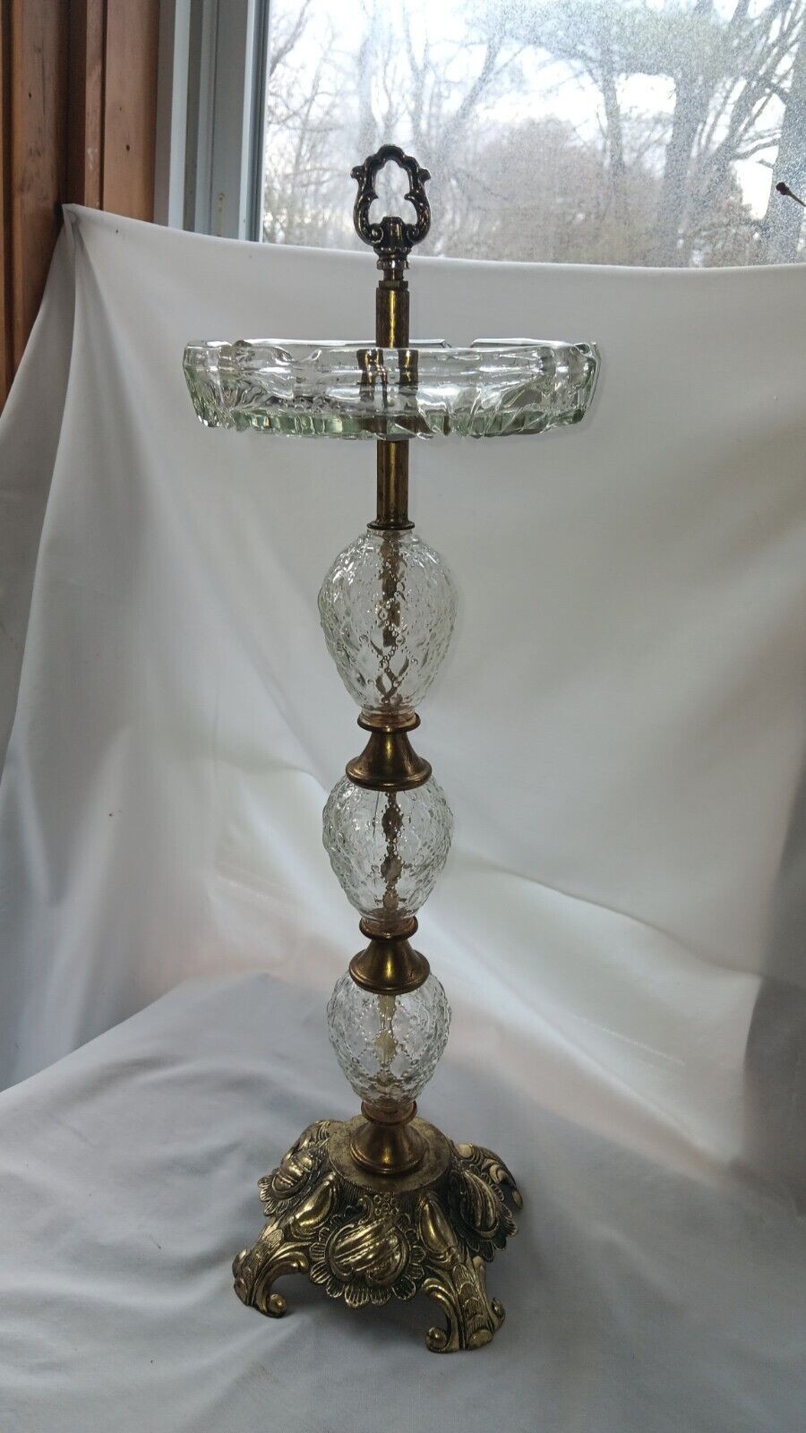Vintage Brass & Cut-Glass Ashtray Smoking Stand 25\
